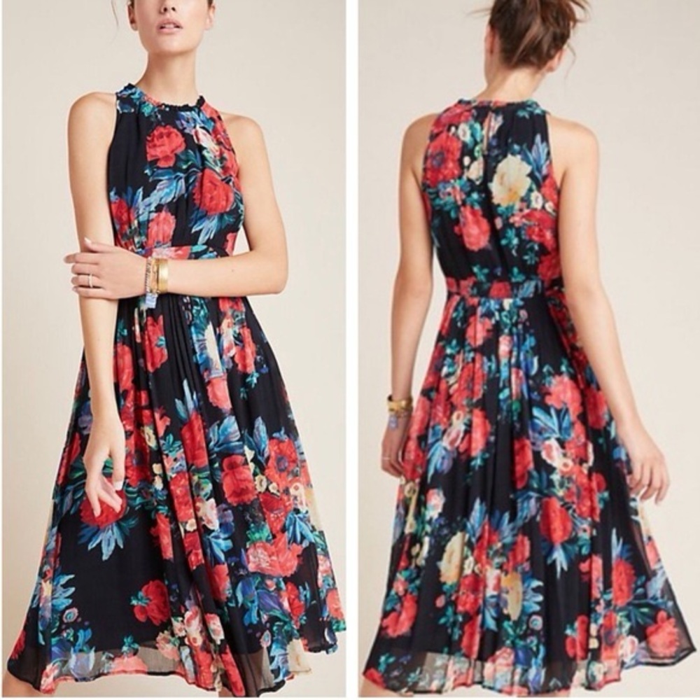 Anthropologie Navy Floral Midi Dress